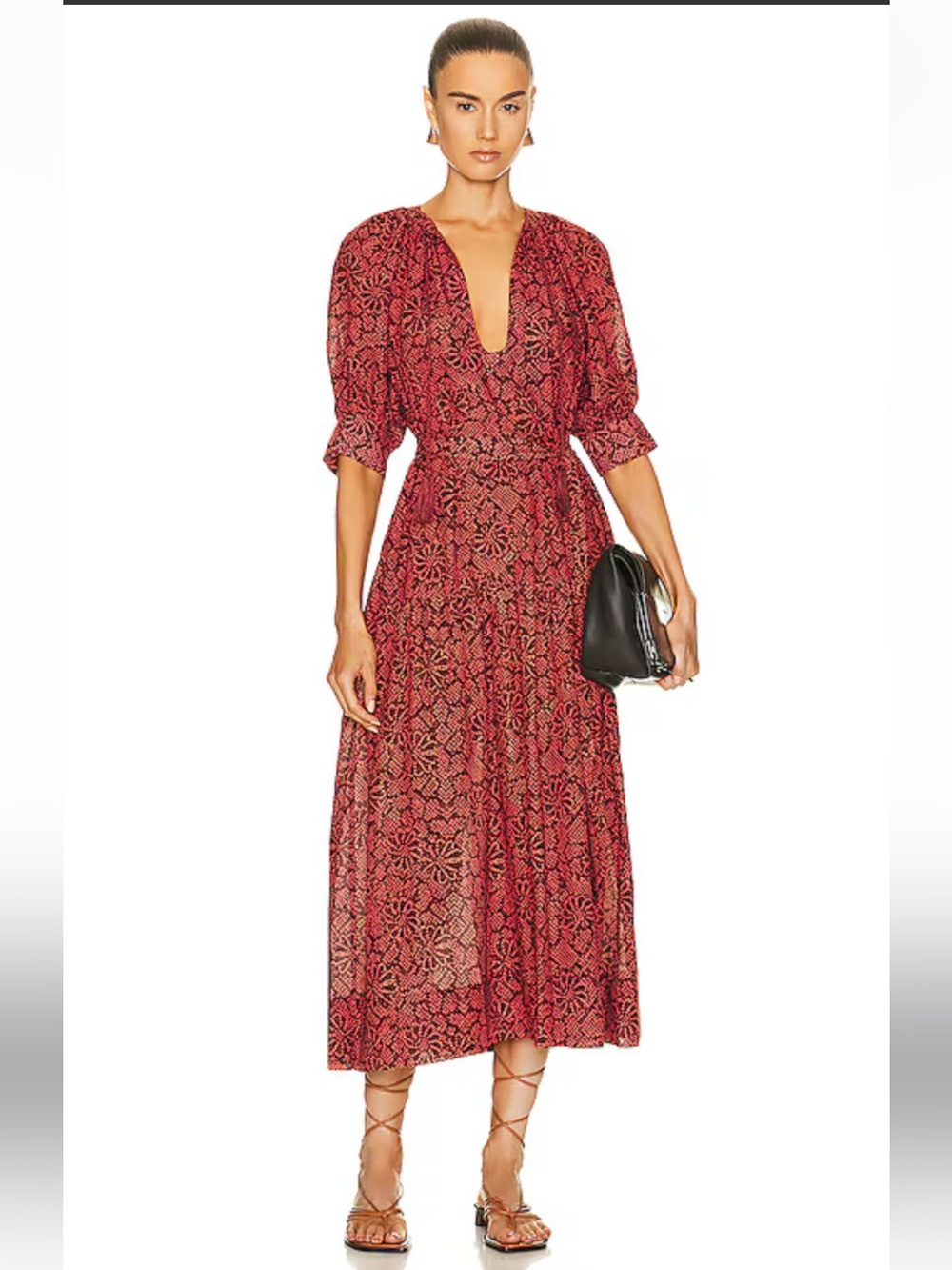 Ulla Johnson Red Patterned Tassel-Trim Midi Dress